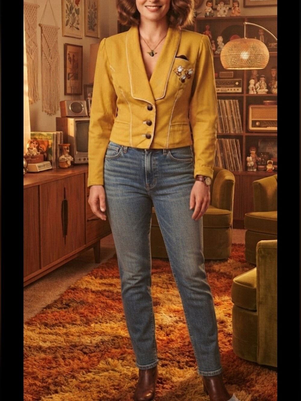 Mustard Yellow Women's Tailored Jacket with Bee Embroidery